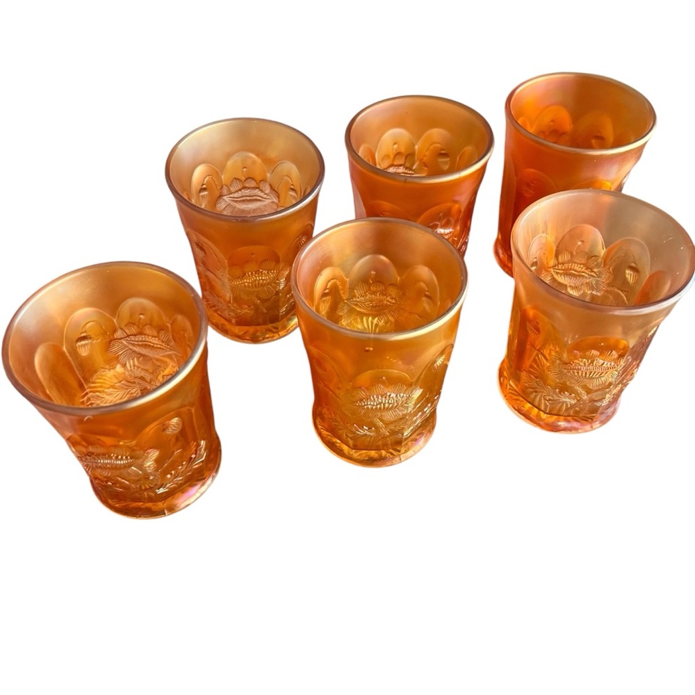 Vintage Northwood Marigold Carnival Glass Oriental Poppy Tumblers Set Of Six 6